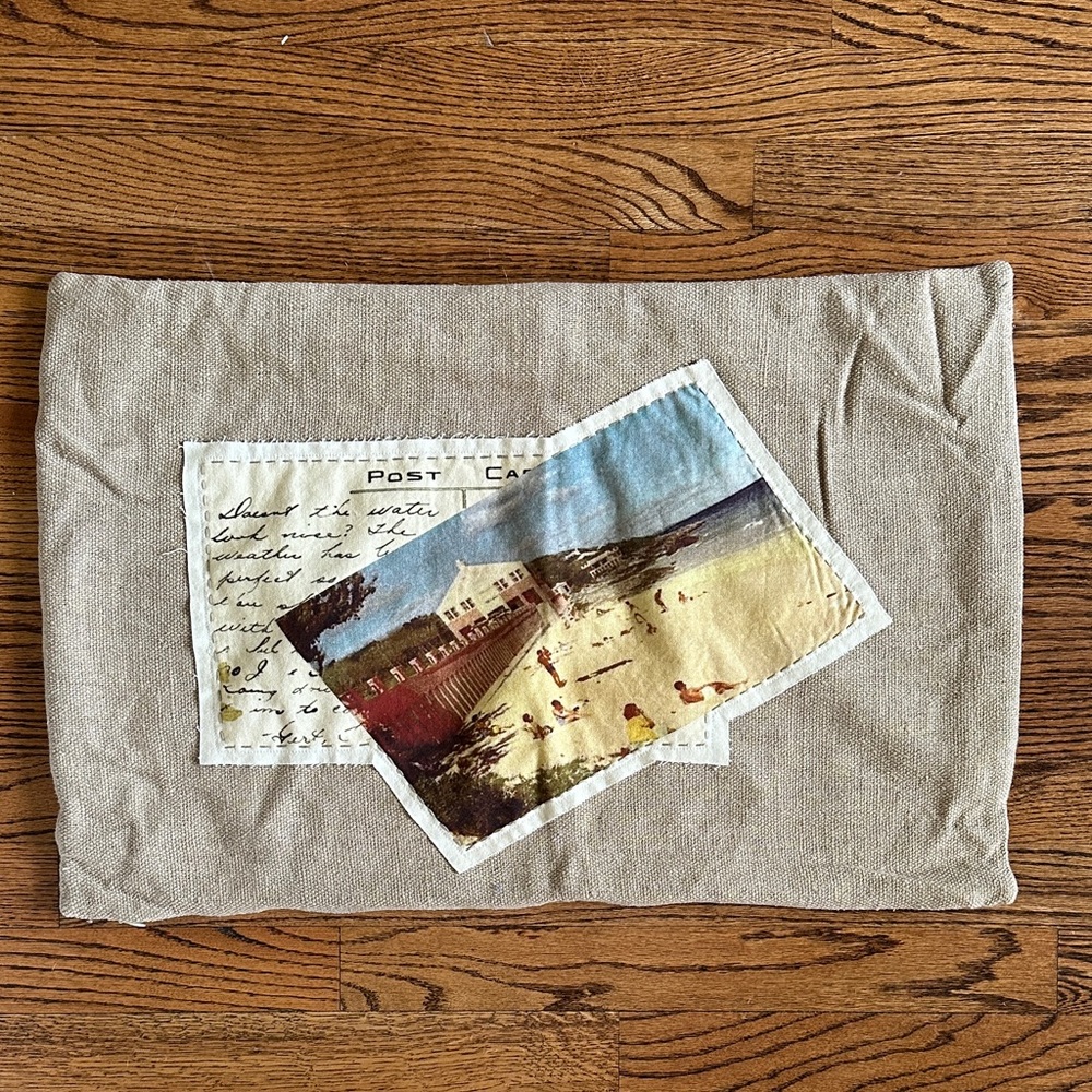 Pottery Barn Beige Linen Pillow Cover with Postcard Print